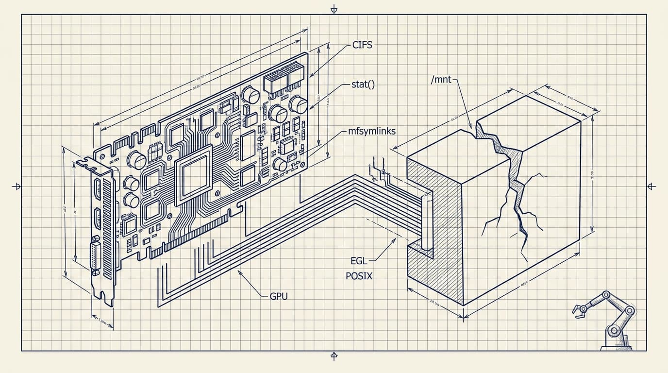 Blueprint schematic of a GPU PCB connected to a cracked network storage block