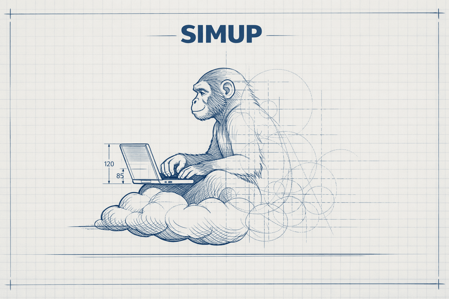 simup — a blueprint-style illustration of an ape sitting on a cloud, using a laptop