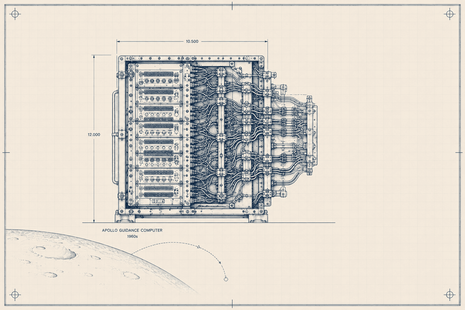 Blueprint schematic of the Apollo Guidance Computer (1960s) with a crescent moon at the lower left — the integrated-circuit machine that put humans on the moon