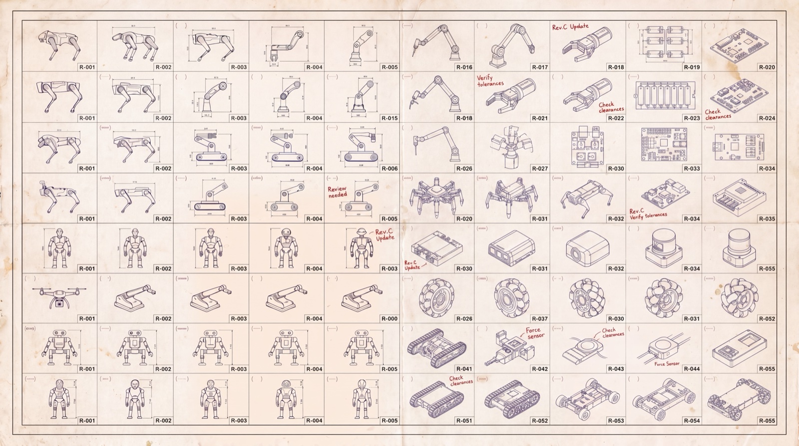 A blueprint-style sheet packed with line drawings of robots: humanoids, quadrupeds, robotic arms, drones, mobile bases, grippers, sensors, and circuit boards. Each cell is annotated like a parts catalog (R-001, R-002, ...) with handwritten notes in red such as 'Verify tolerances', 'Check clearances', 'Force sensor', and 'Rev.C Update'.