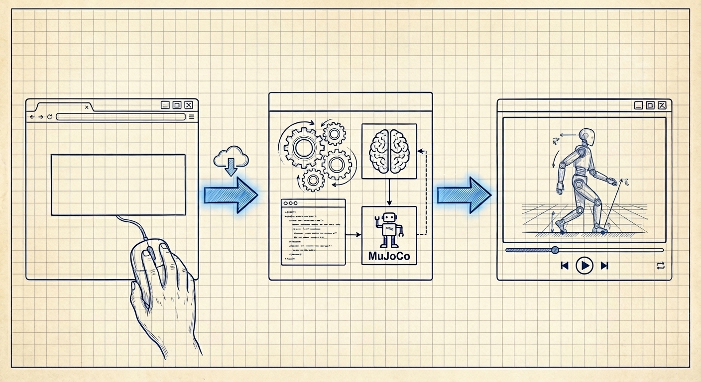 Blueprint-style illustration showing a one-click policy deployment pipeline: paste a URL, an agent generates code and runs MuJoCo, and a video of a walking robot is produced