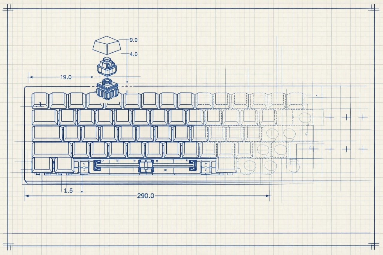 Blueprint schematic of a mechanical keyboard, partially designed with construction lines fading to the right