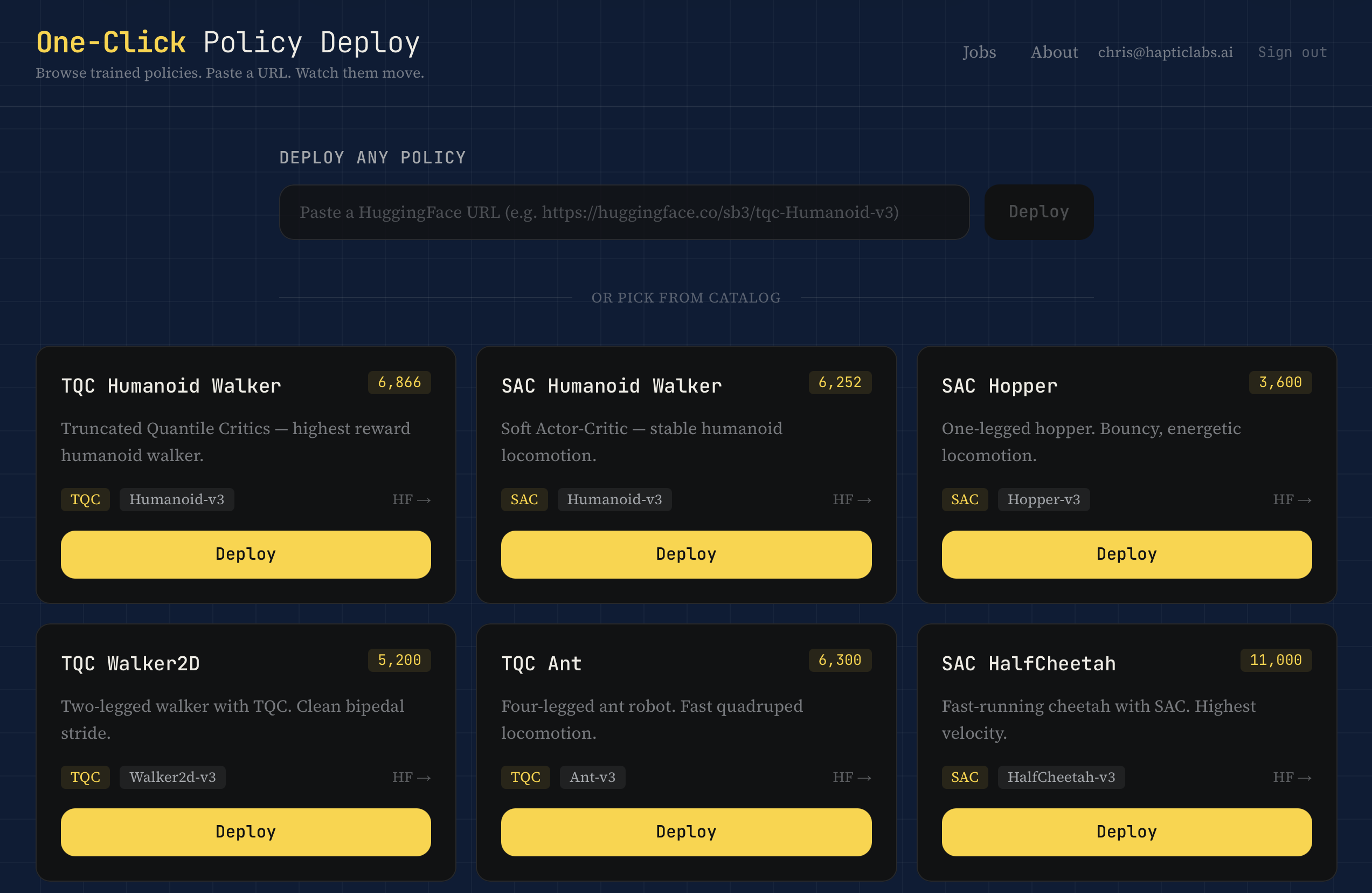 Screenshot of the One-Click Policy Deploy homepage: a paste-a-URL input at the top and a catalog of pre-deployed policies below, including TQC Humanoid Walker, SAC Humanoid Walker, SAC Hopper, TQC Walker2D, TQC Ant, and SAC HalfCheetah