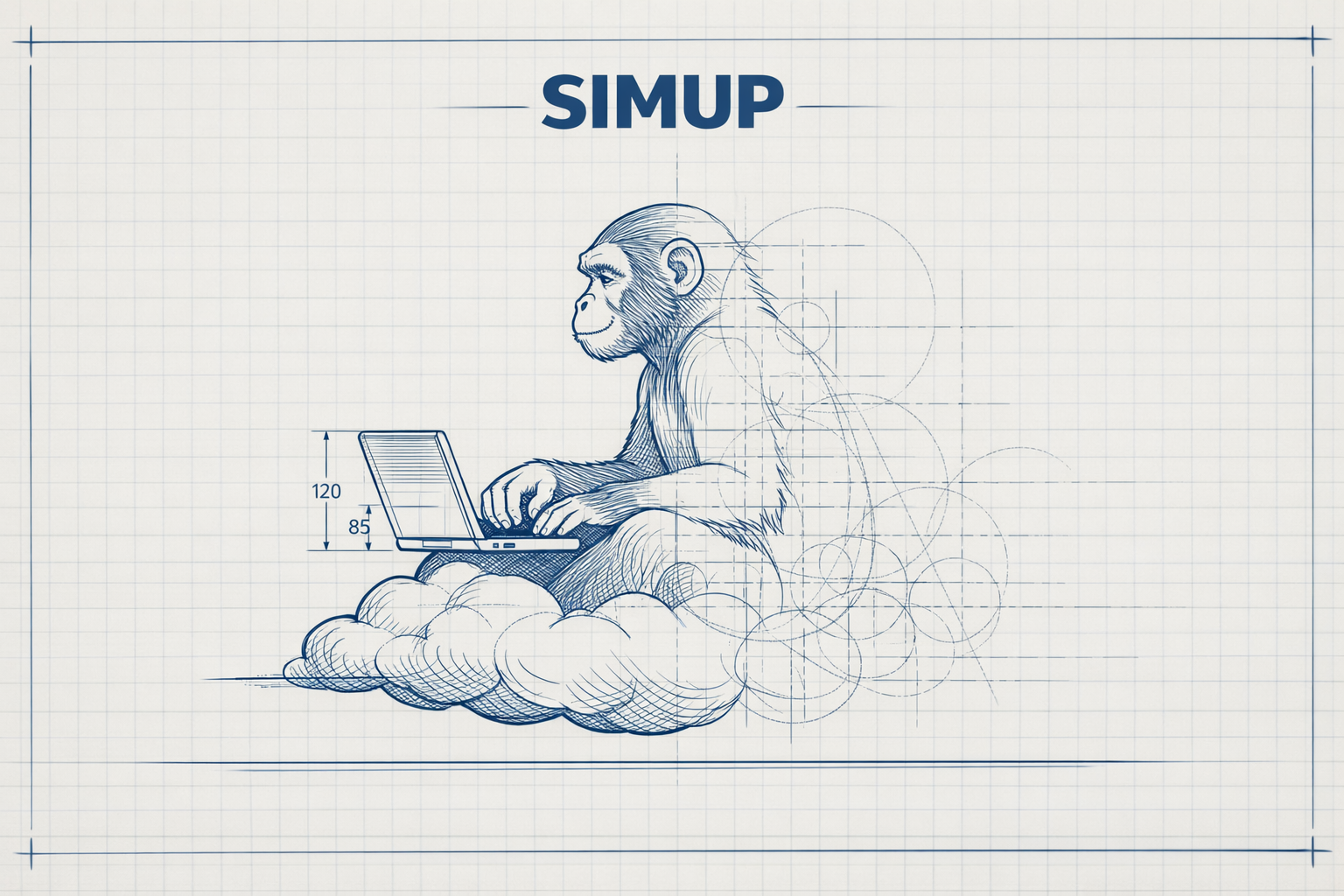 simup — a blueprint-style illustration of an ape sitting on a cloud, using a laptop